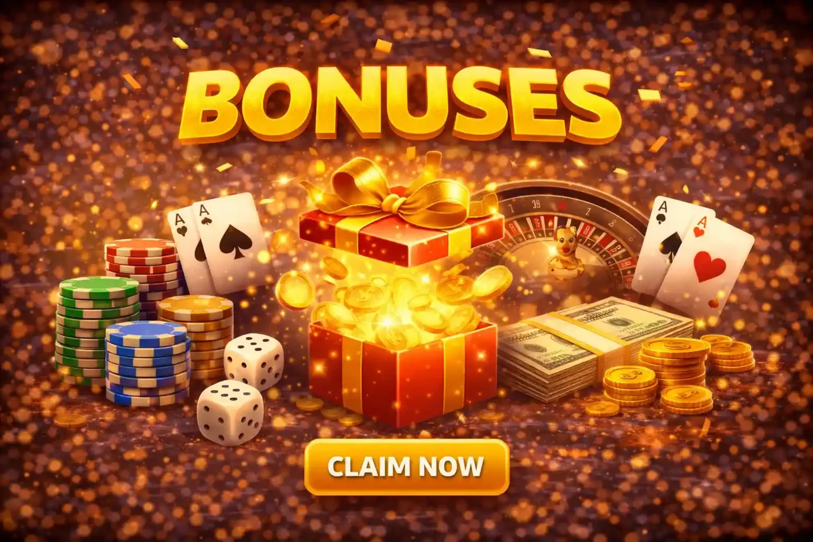 Glowing gift box bursting with gold coins and casino chips inviting players to claim