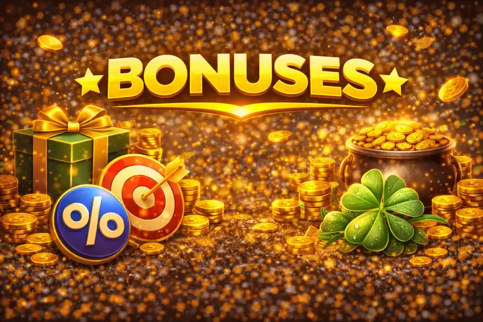 Pot of gold and four leaf clovers representing lucky Irish casino promotions