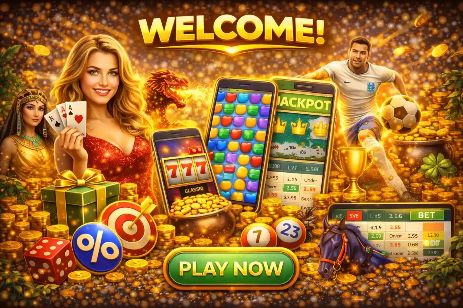 Comprehensive welcome banner featuring a live hostess football player and mobile gaming screens