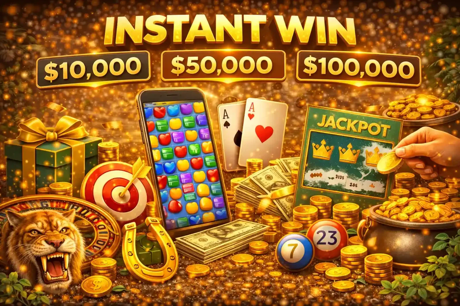 Mobile phone displaying a match-three game surrounded by gold coins and jackpot text