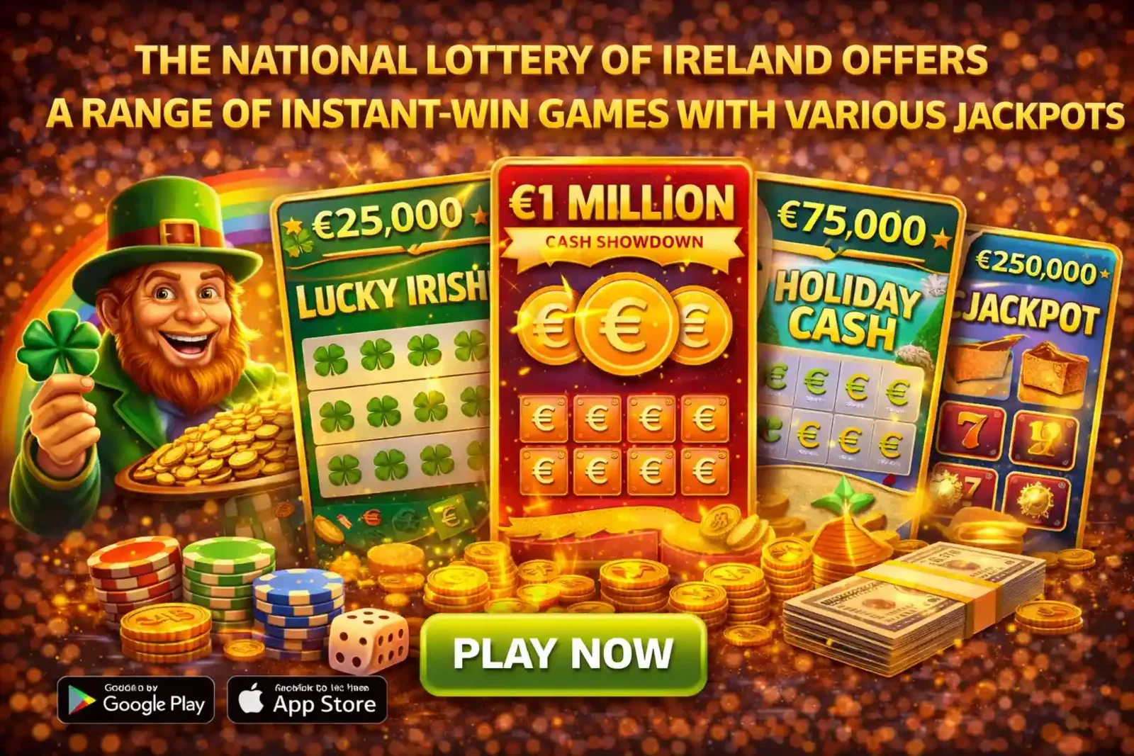 Selection of digital scratch cards including Lucky Irish and Holiday Cash themes