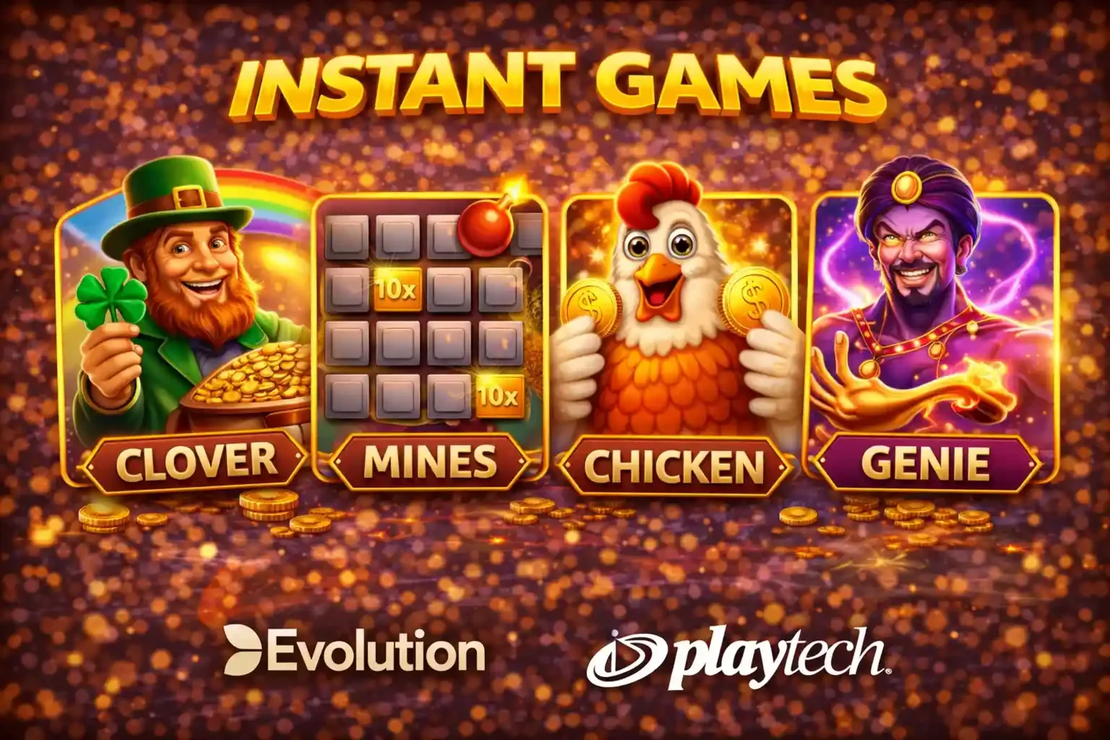 Menu icons for popular instant games including Clover Mines Chicken and Genie