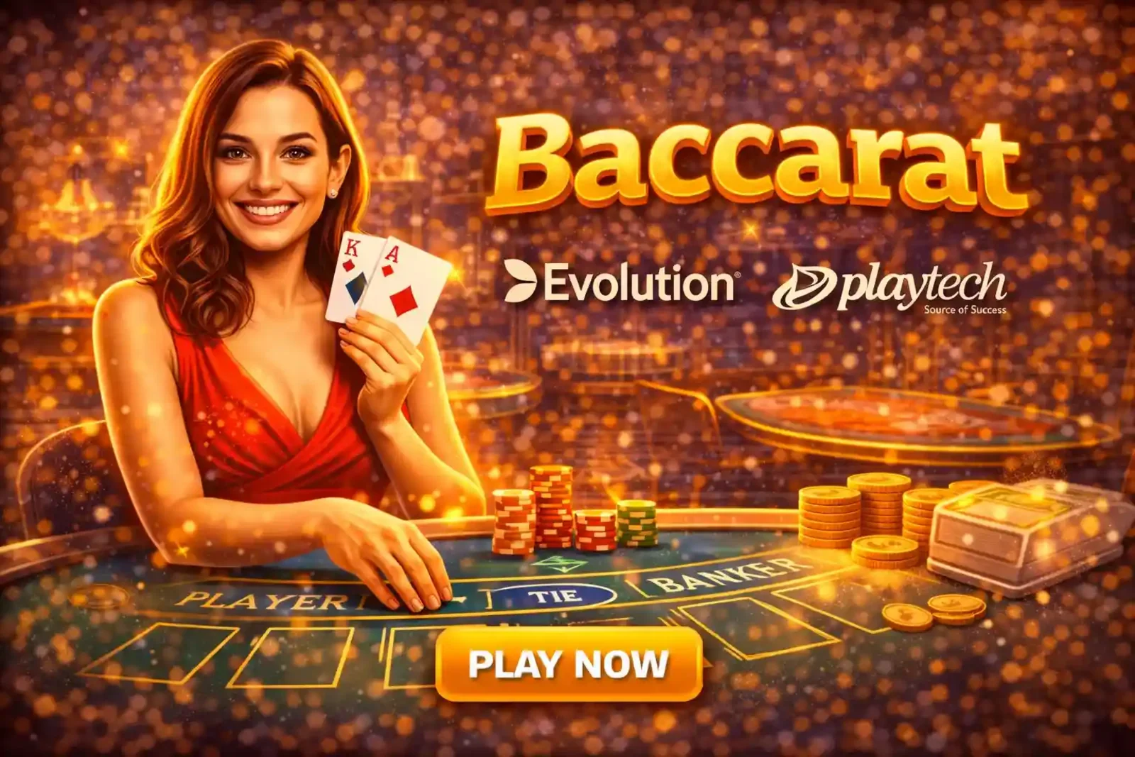 Smiling female dealer showing winning cards at a premium live baccarat table