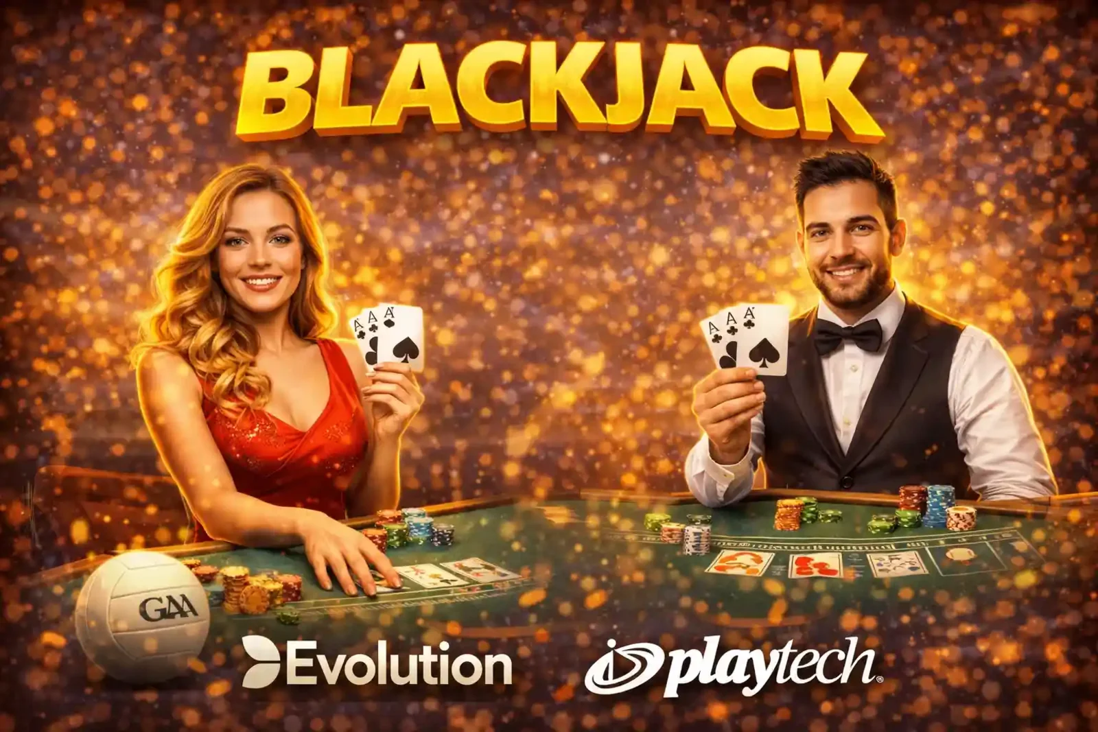 Friendly male and female dealers holding aces at a blackjack table with a GAA ball