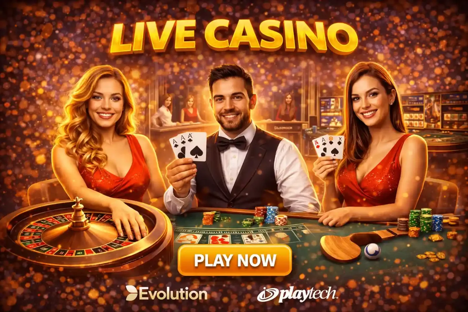 Professional live dealer at a roulette table with Evolution and Playtech branding visible