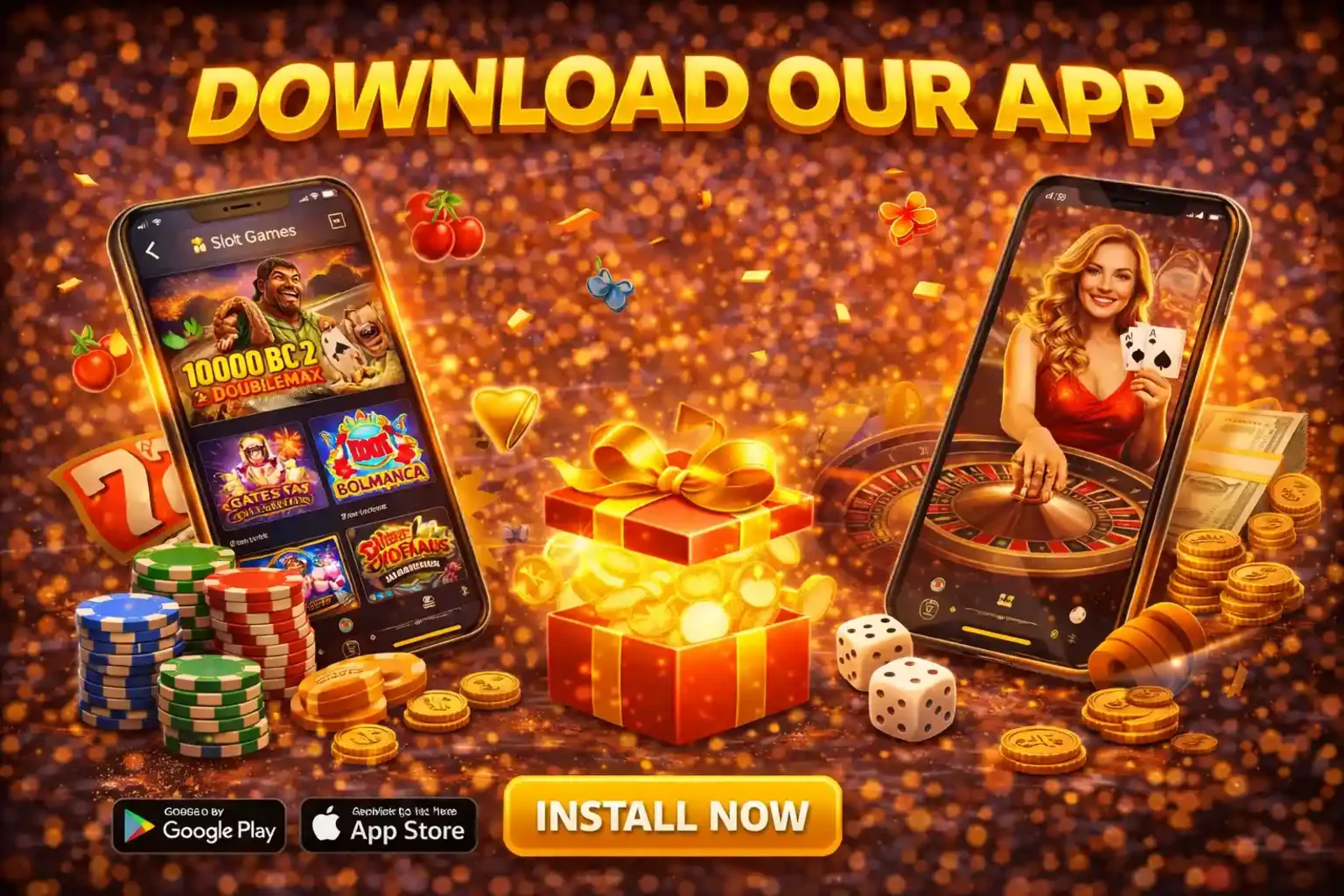Two smartphones showing slot games and live roulette with an install now button
