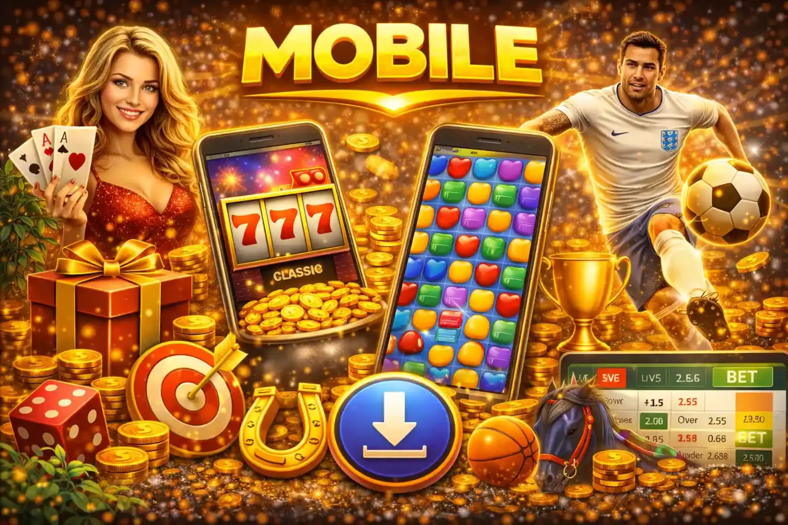 Dynamic composition of mobile phones showing slots and sports with a download icon
