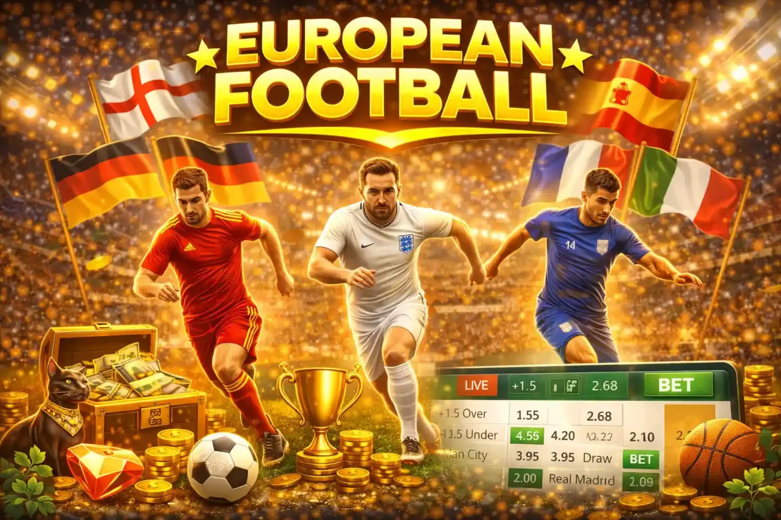 Soccer players running with flags of England Germany and Spain in the background