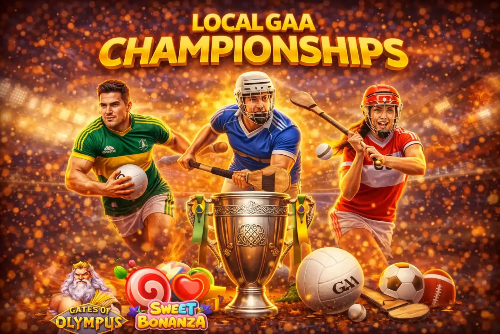 Gaelic football and hurling players competing for the cup with betting odds overlay