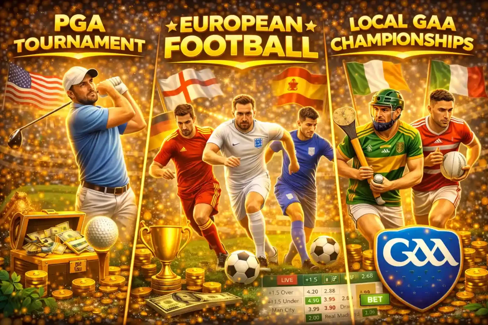 Montage of athletes representing PGA golf European football and local GAA hurling
